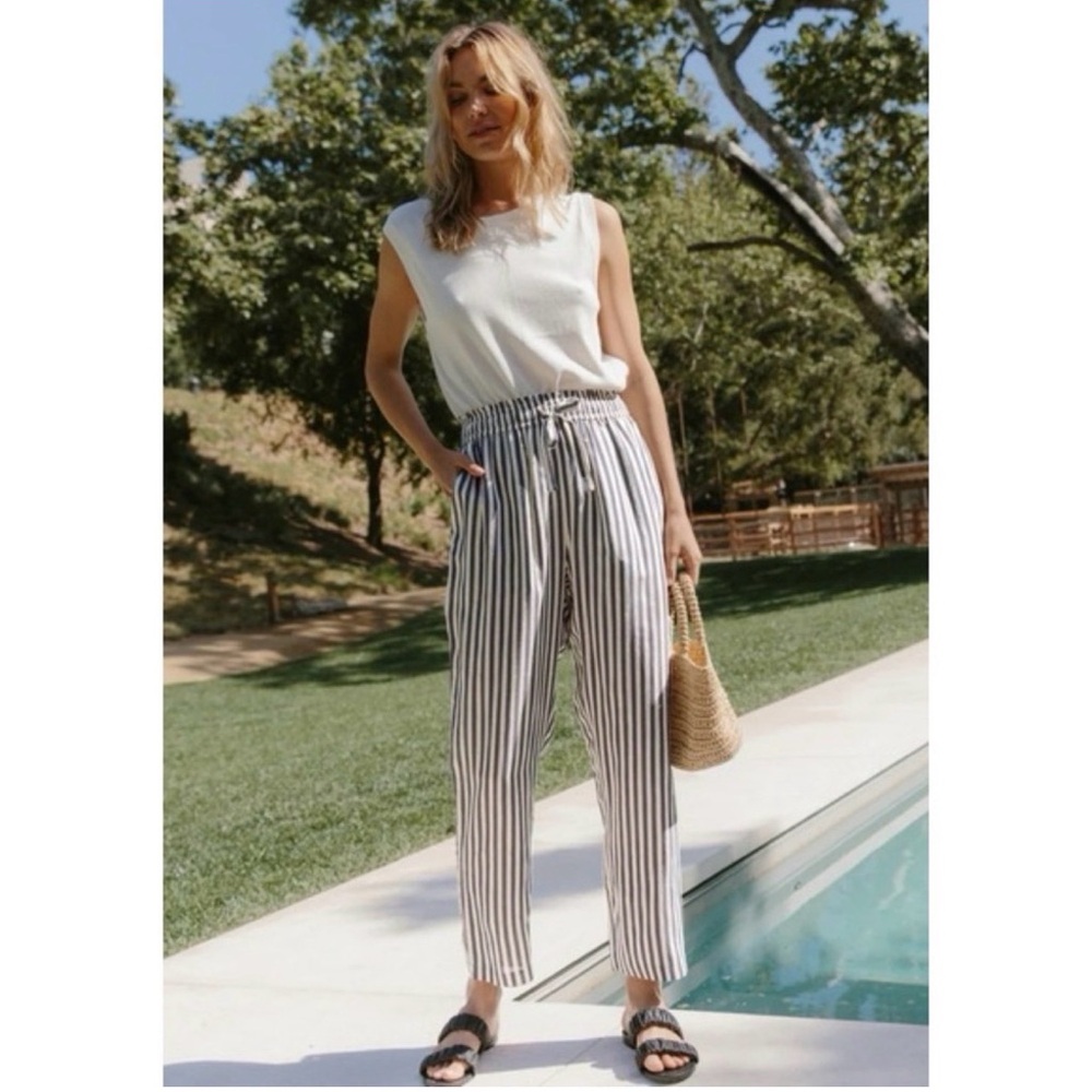 Jenni Kayne Rio White & Blue Striped Drawstring Straight-Leg Pants